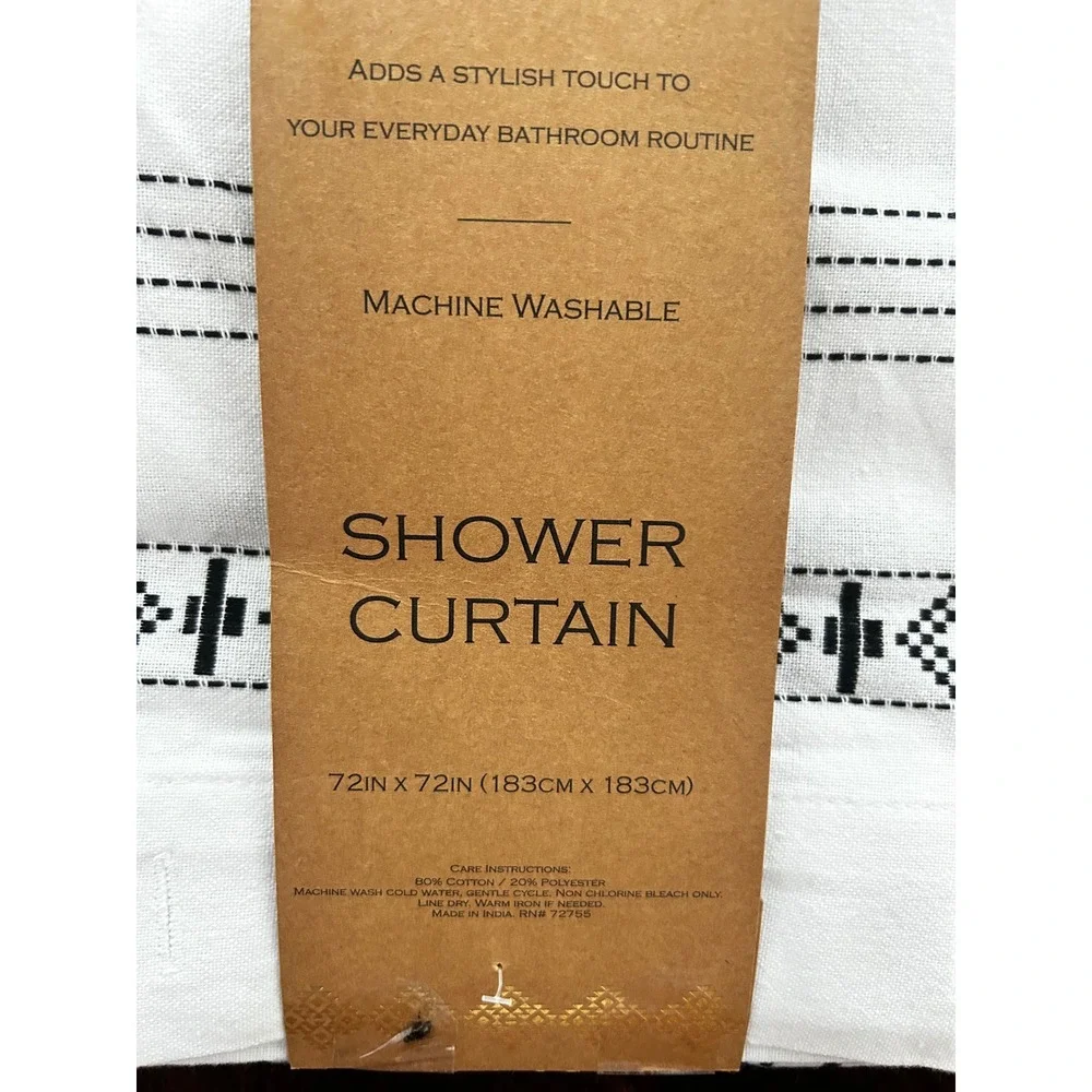 Maaya Boho‎ Embroidered Tassel Shower Curtain White Black Geometric